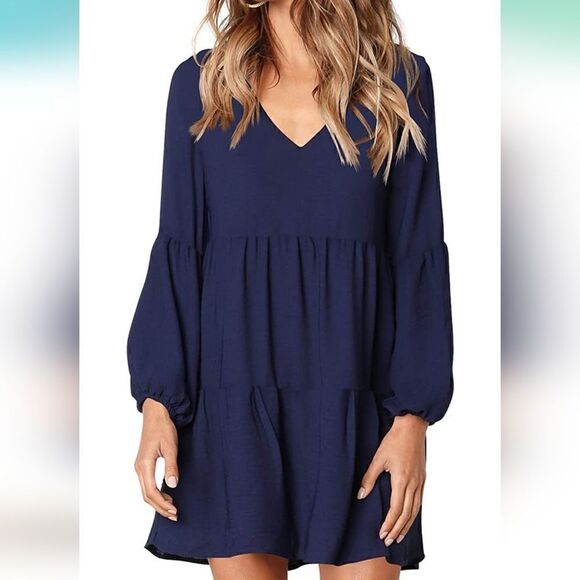 Cosonsen Swing Shift Long Sleeve V Neck Tunic Dress - Picture 1 of 13